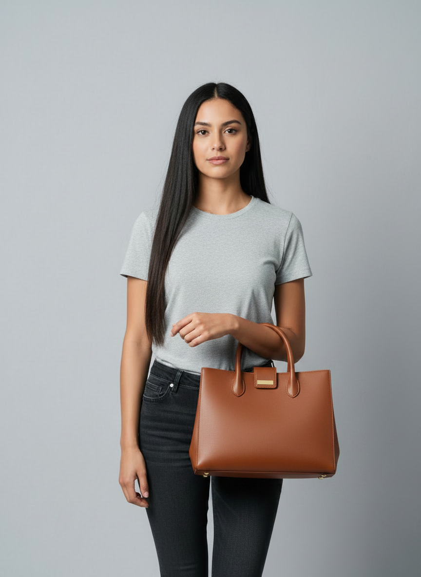 Clienta con una cartera puesta gracias al probador virtual